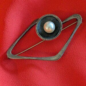 Vintage Taxco Mexico 925 Sterling Silver Pearl Modernist Geometric Brooch Pin